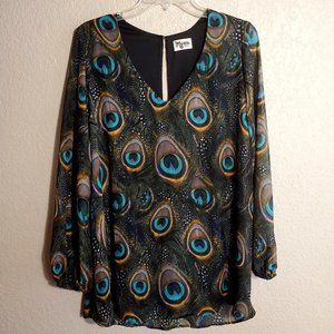 Show Me Your Mumu Womens Top V Neck Peacock Print Long Sleeve Chiffon Lined S